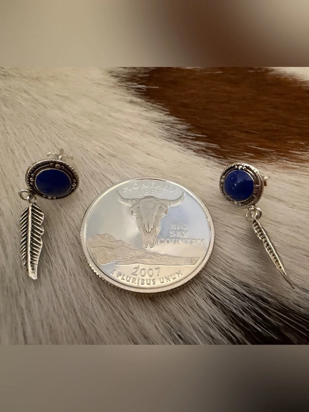 ❤️Blue Lapis Lazuli Navajo Style Stamped Sterling Silver Dangle Feather Earrings